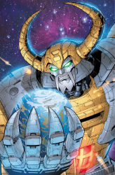 Rule 34 | claws, earth (planet), facial hair, giant, glowing, glowing eyes, green eyes, horns, metal, planet, robot, spacecraft, teeth, transformers, unicron