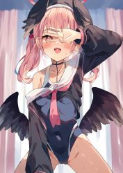 Rule 34 | 1girl, black hat, black shirt, blue archive, blush, breasts, cameltoe, collarbone, covered navel, covering one eye, curtains, groin, halo, hat, head wings, highres, indoors, koharu (blue archive), long sleeves, looking at viewer, low wings, neckerchief, one-piece swimsuit, open mouth, pink eyes, pink hair, pink neckerchief, red halo, sailor collar, shirt, single bare shoulder, small breasts, smile, solo, sweat, swimsuit, swimsuit under clothes, twintails, unacchi (nyusankin), wings