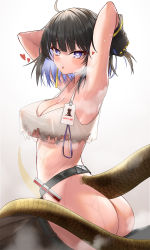Rule 34 | 1girl, :o, arknights, armpits, arms behind head, ass, belt, black belt, black gloves, black hair, blue eyes, blue hair, bottomless, breasts, cleavage, colored inner hair, crop top, eunectes (arknights), gloves, gradient background, grey background, heart, heart-shaped pupils, highres, looking at viewer, medium breasts, multicolored hair, saliva, short hair, sitting, snake tail, solo, sweat, symbol-shaped pupils, tail, torn clothes, two-tone hair, z.m. (zimin)