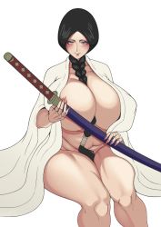 Rule 34 | 1girl, between breasts, black hair, bleach, blush, braid, breasts, dzlily, eyeshadow, fingernails, hair ornament, holding, holding sword, holding weapon, huge breasts, japanese clothes, katana, long fingernails, looking at viewer, makeup, mole, mole on breast, mole under mouth, nail polish, open clothes, pink nails, sitting, solo, sword, thick thighs, thighs, unohana retsu, weapon