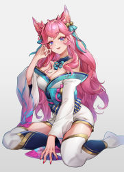 Rule 34 | 1girl, ahri (league of legends), animal ears, bare shoulders, bell, blue eyes, breasts, chibi vanille, cleavage, detached collar, fox ears, gold trim, hair ribbon, hand up, highres, japanese clothes, jingle bell, kimono, large breasts, league of legends, long hair, long sleeves, looking at viewer, nail polish, obi, parted lips, pink hair, ribbon, sash, short kimono, simple background, sitting, solo, spirit blossom ahri, thighhighs, white background, white kimono, white thighhighs, wide sleeves, zettai ryouiki