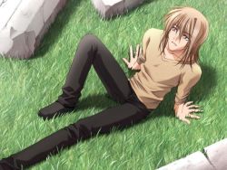 Rule 34 | 1boy, arm support, brown hair, carnelian, day, from above, game cg, grass, leg up, looking up, male focus, night demon, osagiri shuka, outdoors, pants, sitting, solo