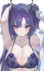 Rule 34 | 1girl, adjusting hair, armpits, arms up, blue archive, blush, bra, breasts, collarbone, commentary request, halo, highres, large breasts, lichiko, purple bra, purple eyes, purple hair, revision, shirt, shirt around one arm, sideboob, simple background, solo, steaming body, sweat, two side up, underwear, upper body, white background, white shirt, yuuka (blue archive)
