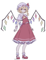 Rule 34 | 1girl, absurdres, ascot, back bow, blonde hair, bobby socks, bow, commentary, crystal, fang, flandre scarlet, frilled shirt, frilled shirt collar, frilled skirt, frilled sleeves, frills, full body, hat, hat ribbon, highres, kame (kamepan44231), mary janes, medium hair, mob cap, multicolored wings, one side up, puffy short sleeves, puffy sleeves, red bow, red eyes, red footwear, red ribbon, red skirt, red vest, ribbon, shirt, shoes, short sleeves, simple background, skirt, skirt set, socks, solo, touhou, vest, white background, white bow, white hat, white shirt, white socks, wings, wrist cuffs, yellow ascot