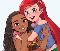 Rule 34 | 2girls, ariel (disney), arms around neck, bare arms, bare shoulders, blouse, blue shirt, blue eyes, brown eyes, brown hair, clothes writing, curly hair, dark-skinned female, dark skin, eyelashes, fingernails, hand on another&#039;s arm, hand up, hug, blue background, light blush, lips, long hair, looking at viewer, midriff peek, moana (movie), moana waialiki, multiple girls, nail polish, off shoulder, open mouth, orange tank top, pano (mohayayamai), red hair, red lips, red nails, shade, side-by-side, simple background, smile, spaghetti strap, starfish hair ornament, tank top, teeth, the little mermaid, thick eyebrows, upper body, very long hair, wreck-it ralph, yellow nails
