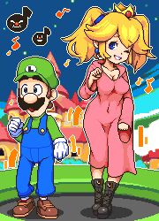 Rule 34 | 1boy, 1girl, alternate costume, alternate hairstyle, blonde hair, blue eyes, blue sky, boots, breasts, brown hair, covered navel, dancing, endless inferno, full body, hat, highres, industrial pipe, large breasts, luigi, mario (series), music bash, musical note, nintendo, one eye closed, overalls, pixel art, princess peach, sky, tiktok, twintails