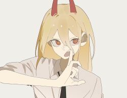 Rule 34 | 1girl, black necktie, blonde hair, chainsaw man, collared shirt, cross-shaped pupils, finger in own mouth, hair between eyes, highres, horns, joosibi, long hair, looking to the side, necktie, open mouth, power (chainsaw man), red eyes, red horns, sharp teeth, shirt, simple background, solo, symbol-shaped pupils, teeth, upper body, white background, white shirt