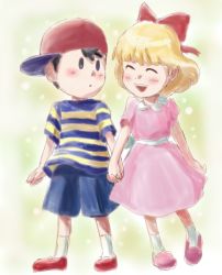 Rule 34 | 1boy, 1girl, ^ ^, bad id, bad pixiv id, baseball bat, black hair, blonde hair, blouse, blush, bow, child, closed eyes, full body, hair bow, hat, holding hands, mother (game), mother 2, ness (mother 2), nintendo, paula (mother 2), ribbon, shirt, smile, socks, standing, striped clothes, striped shirt, white legwear