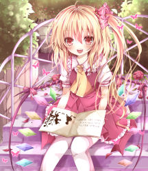 Rule 34 | 1girl, ascot, bad id, bad pixiv id, big bad wolf, blonde hair, book, bush, colorized, embodiment of scarlet devil, fang, female focus, flandre scarlet, flower, frilled skirt, frills, garden, grimm&#039;s fairy tales, hair flower, hair ornament, hair ribbon, highres, little red riding hood, little red riding hood (grimm), nanase nao, no headwear, no headwear, open book, open mouth, red eyes, ribbon, short hair, side ponytail, silhouette, sitting, skirt, skirt set, smile, solo, stairs, thighhighs, touhou, white thighhighs, wings, wrapped