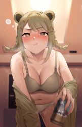 Rule 34 | 1girl, :t, animal ears, beer can, blurry, blurry background, blush, bra, braid, breasts, brown bra, brown eyes, brown hair, brown shirt, can, cleavage, closed mouth, collarbone, depth of field, drink can, frikulu, hair ornament, hairclip, highres, holding, holding can, indoors, konan mia, large breasts, leaning forward, looking at viewer, medium hair, nanashi inc., navel, no pants, off shoulder, open clothes, open shirt, panties, pout, shirt, solo, stomach, sweat, swept bangs, tearing up, twin braids, underwear, virtual youtuber, white panties, x hair ornament