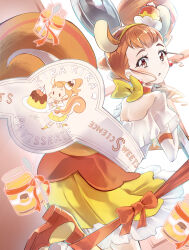 Rule 34 | 1girl, animal ears, blush, brown eyes, brown hair, cherry earrings, choker, clear glass (mildmild1311), cure custard, dress, earrings, elbow gloves, extra ears, food, food-themed earrings, food-themed hair ornament, food themed earrings, gloves, hair ornament, highres, jar, jewelry, kirakira precure a la mode, looking at viewer, looking back, magical girl, neck bobbles, pom pom (clothes), pom pom earrings, ponytail, precure, pudding, pudding hair ornament, smile, socks, solo, spoon, squirrel ears, squirrel tail, tail, white gloves, yellow socks