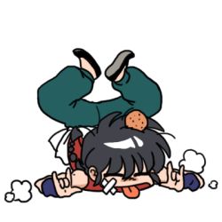 Rule 34 | 1boy, arched back, black hair, braid, chibi, chinese clothes, closed eyes, flat color, full body, legs up, lowres, male focus, on floor, ranma 1/2, saotome ranma, simple background, single braid, sleeveless, solo, tangzhuang, tongue, tongue out, wanta (futoshi), white background