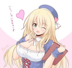 Rule 34 | 1girl, adapted costume, ascot, atago (kancolle), beret, blonde hair, blouse, blue hat, breasts, cleavage, clipboard, commentary request, detached sleeves, green eyes, hat, heart, kantai collection, large breasts, long hair, one eye closed, puffy sleeves, shirt, shizuna kaede, solo, translation request, twitter username, two-tone background, upper body, white ascot, white shirt, wrist cuffs