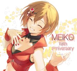 Rule 34 | 1girl, ^ ^, blonde hair, breasts, character name, cleavage, closed eyes, collarbone, crop top, facing viewer, grin, hair ornament, medium breasts, meiko (vocaloid), meiko (vocaloid3), midriff, nail polish, red nails, short hair, smile, solo, stomach, upper body, vocaloid, wing collar, wrist cuffs, x hair ornament, yuhi (hssh 6)