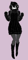 Rule 34 | 1girl, black footwear, black hair, black sweater, boots, cosplay, dress, highres, limited palette, looking at viewer, merii (mazohaha), merii (musuko ga kawaikute shikatanai mazoku no hahaoya) (cosplay), musuko ga kawaikute shikatanai mazoku no hahaoya, nishimura chiharu, pantyhose, purple background, solo, sweater, sweater dress, zyugoya