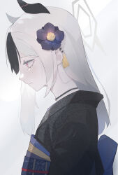 Rule 34 | 1girl, absurdres, black choker, black hair, blue archive, blue sash, choker, closed mouth, demon horns, earclip, flower, from side, grey halo, hair flower, hair ornament, halo, halo behind head, highres, horns, japanese clothes, kayoko (blue archive), kayoko (new year) (blue archive), kimono, long hair, multicolored hair, obi, obiage, official alternate costume, official alternate hairstyle, red eyes, sash, shen (1542046839), sidelocks, solo, tassel, tassel hair ornament, two-tone hair, upper body, white background, white hair
