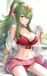 Rule 34 | 1girl, arm support, bare shoulders, bikini, blush, bracelet, breasts, cleavage, closed mouth, collarbone, commentary, female focus, fire emblem, fire emblem awakening, fire emblem heroes, gonzarez, green eyes, green hair, groin, highres, jewelry, large breasts, lips, long hair, looking at viewer, matching hair/eyes, navel, nintendo, official alternate costume, partially submerged, petals, pointy ears, ponytail, red bikini, revision, sarong, shiny skin, simple background, sitting, smile, solo, stomach, swimsuit, tiara, tiki (adult) (fire emblem), tiki (adult) (summer) (fire emblem), tiki (fire emblem), wariza, water, water drop, wet
