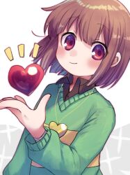 Rule 34 | 1girl, black shirt, brown hair, chara (undertale), collared shirt, gold necklace, green sweater vest, hand up, heart, heart necklace, jewelry, long sleeves, looking at viewer, necklace, red eyes, shirt, smile, striped clothes, striped sweater, sweater, sweater vest, undertale, white background, xox xxxxxx