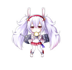 Rule 34 | 1girl, animal ears, azur lane, chibi, fake animal ears, hairband, highres, holding, jacket, kuena, laffey (azur lane), long hair, looking at viewer, machinery, parted lips, pleated skirt, red eyes, searchlight, simple background, skirt, solo, thighhighs, torpedo tubes, turret, white background, white hair, white thighhighs, zettai ryouiki