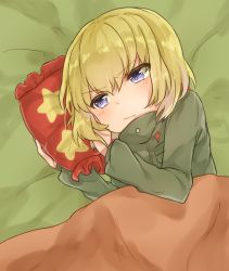 Rule 34 | 10s, 1girl, angry, bad id, bad pixiv id, blanket, blonde hair, blue eyes, closed mouth, emblem, frown, girls und panzer, green jumpsuit, highres, jumpsuit, katyusha (girls und panzer), koretsuna, lying, military, military uniform, hugging object, on side, pillow, pillow hug, pravda military uniform, short hair, solo, uniform