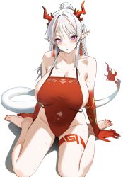 Rule 34 | 1girl, absurdres, alternate costume, areola slip, arknights, ateoyh, bare legs, barefoot, blush, braid, breasts, breath, cleavage, closed mouth, collarbone, colored skin, commentary, covered erect nipples, dragon horns, dragon tail, earrings, expressionless, flame-tipped tail, full body, gradient skin, grey hair, hair intakes, highres, horns, jewelry, large breasts, leg tattoo, leotard, long hair, looking at viewer, multicolored hair, multicolored skin, nail polish, nian (arknights), pointy ears, ponytail, purple eyes, red hair, red horns, red leotard, red nails, red skin, side braids, sidelocks, simple background, sitting, solo, streaked hair, sweat, tail, tassel, tassel earrings, tattoo, toenail polish, toenails, two-tone hair, wariza, white background
