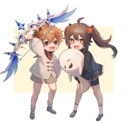 Rule 34 | 1boy, 1girl, arm up, bandaid, bandaid on face, blue eyes, bow (weapon), brown hair, child, crossbow, dress, flower, full body, genshin impact, ghost, hair flower, hair ornament, highres, holding, holding weapon, hu tao (genshin impact), kino (m6t2a), long sleeves, looking at viewer, open mouth, orange hair, red eyes, shoes, shorts, smile, socks, stuffed toy, symbol-shaped pupils, tartaglia (genshin impact), twintails, weapon, aged down