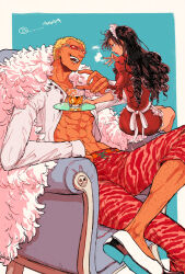 Rule 34 | 1boy, 1girl, 4444 (tetsuya), abs, apron, baby 5, black hair, blonde hair, capri pants, chair, cigarette, coat, crossed legs, cup, donquixote doflamingo, dress, drinking glass, earrings, feather coat, holding, holding cigarette, holding plate, jewelry, long hair, looking at another, maid, maid apron, maid headdress, muscular, muscular male, navel, one piece, open clothes, open mouth, pants, pink coat, plate, red dress, shirt, short hair, sitting, smile, smoke, sunglasses, teeth, twitter username, white shirt