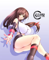 Rule 34 | 1990s (style), 1girl, ass, blush, breasts, brown eyes, brown hair, covered erect nipples, elbow gloves, final fantasy, final fantasy vii, gloves, gunner-l, huge breasts, impossible clothes, impossible shirt, large breasts, legs, long hair, low-tied long hair, miniskirt, open mouth, pencil skirt, retro artstyle, shirt, skirt, solo, thighs, tifa lockhart