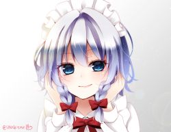Rule 34 | 1girl, blouse, blue eyes, braid, chitose (usacan), close-up, eyes visible through hair, gradient background, hair between eyes, hands on own cheeks, hands on own face, izayoi sakuya, long sleeves, looking at viewer, maid headdress, red ribbon, ribbon, shirt, short hair, silver background, silver hair, smile, solo, touhou, twin braids, white background, white shirt