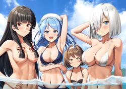 Rule 34 | 4girls, abs, arm behind head, arm up, armpits, bare shoulders, bikini, black bikini, black hair, blue bikini, blue eyes, blue hair, blue sky, blush, breasts, brown hair, cleavage, closed mouth, cloud, collarbone, commentary, convenient censoring, day, double bun, frilled bikini, frills, furrowed brow, grey hair, hair bun, hair censor, hair ornament, hair over breasts, hair ribbon, hairband, hairclip, hamakaze (kancolle), hand on own hip, hat, highleg, highleg bikini, highres, ichikawa feesu, isokaze (kancolle), kantai collection, large breasts, leaning forward, long hair, looking at viewer, multiple girls, navel, nude, open mouth, outdoors, parted lips, partially submerged, red eyes, red ribbon, ribbon, short hair, side-tie bikini bottom, sky, smile, swimsuit, tanikaze (kancolle), toned, tress ribbon, urakaze (kancolle), very long hair, water, white bikini, white hairband, white headwear