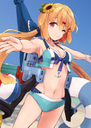 Rule 34 | 1girl, alternate costume, ball, beach, beachball, bikini, blue bikini, blue bow, blue sky, bow, breasts, brown eyes, brown hair, cleavage, cloud, cowboy shot, day, frilled bikini, frills, highres, horizon, innertube, kantai collection, long hair, low twintails, machinery, medium breasts, minosu, ocean, outdoors, outstretched arms, sky, solo, swim ring, swimsuit, tashkent (kancolle), twintails, umbrella