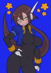 Rule 34 | 1girl, absurdres, aile (mega man zx), black bodysuit, blue background, blue jacket, bodysuit, bodysuit under clothes, breasts, brown hair, buzzlyears, covered navel, cowboy shot, cropped jacket, faux traditional media, glowing, glowing eyes, green eyes, hand on own hip, highres, jacket, large breasts, long hair, looking at viewer, mega man (series), mega man zx, mega man zx advent, no pants, open clothes, open jacket, parted lips, ponytail, robot ears, sharp teeth, simple background, smile, solo, star (symbol), teeth