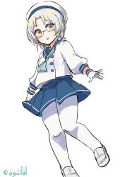 Rule 34 | 1girl, absurdres, aqua neckerchief, blue neckerchief, blue sailor collar, blue skirt, brown eyes, feet out of frame, glasses, gloves, hat, highres, hirato (kancolle), kantai collection, long sleeves, neckerchief, one-hour drawing challenge, pantyhose, pleated skirt, robinson (day l full), sailor collar, sailor hat, school uniform, serafuku, short hair, skirt, solo, wavy hair, white gloves, white hair, white hat, white pantyhose