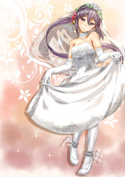 Rule 34 | 1girl, akebono (kancolle), ankle ribbon, bare shoulders, bell, blush, breasts, bridal gauntlets, bridal veil, choker, clothes lift, dress, dress lift, earrings, floral background, flower, fukami naoyuki, hair flower, hair ornament, high heels, jewelry, kantai collection, leaf, leg ribbon, lifted by self, long hair, looking to the side, purple eyes, purple hair, red flower, ribbon, see-through, shiny skin, sidelocks, small breasts, smile, solo, sparkle, strapless, strapless dress, translation request, veil, very long hair, wedding dress, white dress, white flower, white footwear, white legwear