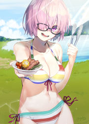 Rule 34 | 1girl, :d, arm up, bare shoulders, bikini, board game, bowl, breasts, cleavage, cloud, collarbone, corn, cowboy shot, fate/grand order, fate (series), food, fuyuhi tsukika, glasses, glasses over hair, grass, hair over eyes, hair over one eye, highres, holding, lake, large breasts, light purple hair, looking at viewer, mash kyrielight, mash kyrielight (swimsuit of perpetual summer ver.02), mountain, navel, official alternate costume, open mouth, purple eyes, rainbow bikini, short hair, signature, sky, smile, solo, steak, striped bikini, striped clothes, sunlight, swimsuit, teeth, tomato, tongs