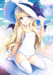 Rule 34 | 1girl, arm up, beach, blonde hair, blue eyes, bow, casual one-piece swimsuit, choker, cloud, emily (pure dream), hand on headwear, hat, hat ribbon, long hair, neck ribbon, ocean, one-piece swimsuit, open mouth, original, outdoors, ribbon, sitting, sky, smile, solo, sun hat, swimsuit, thighhighs, thighs, white hat, white one-piece swimsuit, white thighhighs, wind, wrist ribbon