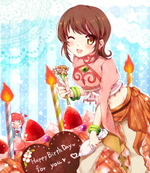 Rule 34 | 1boy, 1girl, ;d, ^ ^, akamomo, annie barrs, bad id, bad pixiv id, bangle, blush, bracelet, brown eyes, brown hair, cake, candle, candy, chocolate, chocolate heart, closed eyes, closed eyes, flipped hair, flower, food, fruit, happy birthday, heart, holding, holding flower, jewelry, mao (tales), one eye closed, open mouth, red hair, smile, strawberry, tales of (series), tales of rebirth, wink