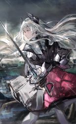 Rule 34 | 1girl, absurdres, arknights, black dress, black gloves, dress, earrings, feet out of frame, gawako, gloves, grey eyes, grey hair, grey sky, head wings, highres, holding, holding sword, holding weapon, irene (arknights), jewelry, long sleeves, multicolored clothes, multicolored dress, outdoors, overcast, pantyhose, pink dress, rain, rapier, scar, scar across eye, sketch, sky, solo, standing, sword, weapon, white dress, white pantyhose, wings