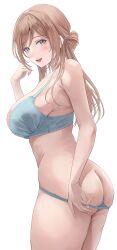 Rule 34 | 1girl, absurdres, ass, blonde hair, blue bra, blue eyes, blue panties, bra, breasts, butt crack, cowboy shot, gakuen idolmaster, highres, himesaki rinami, idolmaster, kitaugetu, large breasts, long hair, looking at viewer, open mouth, panties, panty pull, pulling own clothes, simple background, smile, solo, thighs, underwear, underwear only, white background