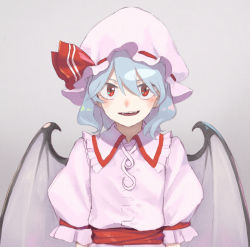 Rule 34 | 1girl, bat wings, blue hair, commentary request, grey background, hat, hat ribbon, looking at viewer, medium hair, mob cap, open mouth, pink hat, pink shirt, red eyes, red ribbon, remilia scarlet, ribbon, shiratama (hockey), shirt, short sleeves, simple background, smile, solo, touhou, upper body, wings