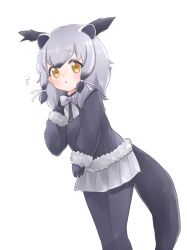 Rule 34 | 1girl, absurdres, animal ears, binturong (kemono friends), binturong girl, black sweater, bow, bowtie, extra ears, gloves, grey hair, grey skirt, highres, kemono friends, kuromitsu (9633 kmfr), long hair, looking at viewer, pantyhose, ribbon, simple background, skirt, solo, sweater, tail, thighhighs, yellow eyes