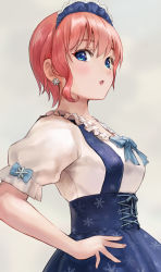 Rule 34 | 1girl, :o, absurdres, blue bow, blue corset, blue eyes, blush, bow, commentary request, corset, go-toubun no hanayome, grey background, hand on own hip, highres, ishiyuki, looking at viewer, nakano ichika, pink hair, puffy short sleeves, puffy sleeves, short hair, short sleeves, simple background, solo, upper body