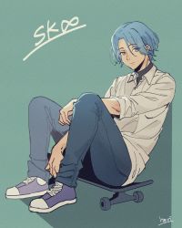 Rule 34 | 1boy, black shirt, blue eyes, blue footwear, blue hair, closed mouth, commentary, denim, english text, full body, green background, hari611, hasegawa langa, highres, jeans, looking at viewer, male focus, pants, shadow, shirt, shoes, short hair, simple background, sitting, sk8 the infinity, skateboard, sleeves rolled up, sneakers, solo, white shirt