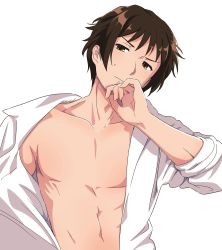 Rule 34 | 1boy, brown eyes, brown hair, closed mouth, collarbone, collared shirt, commentary request, hand up, head tilt, hotaru iori, ichimi renge, kyon, linea alba, looking at viewer, male focus, navel, no nipples, open clothes, open shirt, pectorals, second-party source, shirt, short hair, simple background, sleeves rolled up, solo, suzumiya haruhi no yuuutsu, sweatdrop, toned, toned male, upper body, white background, white shirt