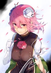 Rule 34 | 1girl, asuzemu, bandaged arm, bandages, blue background, blush, breasts, bun cover, double bun, flower, gradient background, green skirt, hair between eyes, hair bun, hand up, ibaraki kasen, large breasts, looking at viewer, petals, pink flower, pink hair, pink rose, puffy short sleeves, puffy sleeves, red eyes, rose, shirt, short hair, short sleeves, skirt, smile, solo, tabard, touhou, upper body, white background, white shirt