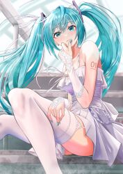 Rule 34 | 1girl, absurdres, blue eyes, blue hair, blush, bridal gauntlets, commentary, dress, elbow gloves, feet out of frame, garter straps, gloves, hair ribbon, hand on own chin, hatsune miku, highres, hxk4 n, knees up, lace, lace gloves, long hair, looking at viewer, nail polish, on stairs, ribbon, sitting, sleeveless, sleeveless dress, smile, solo, thighhighs, very long hair, vocaloid