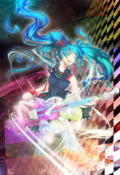 Rule 34 | 1girl, aqua eyes, aqua hair, bad id, bad pixiv id, dress, earrings, female focus, guitar, hatsune miku, instrument, jewelry, long hair, necklace, open mouth, solo, twintails, very long hair, vocaloid