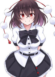 Rule 34 | 1girl, absurdres, arms behind back, black bow, black bowtie, black hair, black skirt, bow, bowtie, closed mouth, commentary request, highres, looking at viewer, medium hair, pom pom (clothes), red eyes, red headwear, shameimaru aya, short hair, short sleeves, simple background, skirt, smile, solo, touhou, white background, yuuka (a0240765)