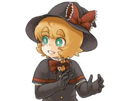 Rule 34 | 1girl, black gloves, blonde hair, blush stickers, bow, braid, bseibutsu, capelet, commentary request, cookie (touhou), elbow gloves, gloves, green eyes, hair bow, hat, hat bow, kirisame marisa, looking to the side, meguru (cookie), side braid, smile, solo, teeth, touhou, upper body, white background, witch hat