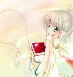 Rule 34 | 1girl, book, boots, bracelet, choker, eiry, green eyes, jewelry, looking back, mabinogi, pointy ears, ponytail, silver hair, sitting, solo, wings